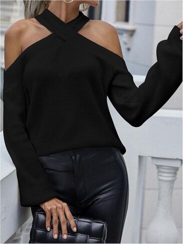 MakeMeChic Women's 2024 Fall Sweaters Cold Shoulder Criss Cross Halter Rib Knitted Long Sleeve Knit Tops in Saudi Arabia