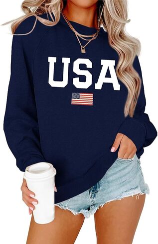 Dressmine Womens USA Shirt Casual Long Sleeve Graphic Tees Knit Crew Neck Sweatshirts Loose Pullover in Kuwait