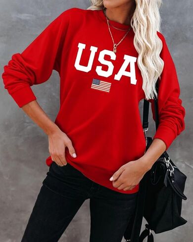 تي شيرت Dressmine للسيدات في الولايات المتحدة الأمريكية كاجوال بأكمام طويلة ورسومات جرافيكية، بلوفر فضفاض برقبة دائرية in Kuwait