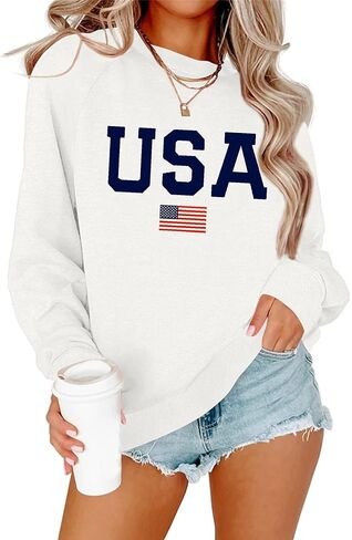 Dressmine Womens USA Shirt Casual Long Sleeve Graphic Tees Knit Crew Neck Sweatshirts Loose Pullover in Kuwait