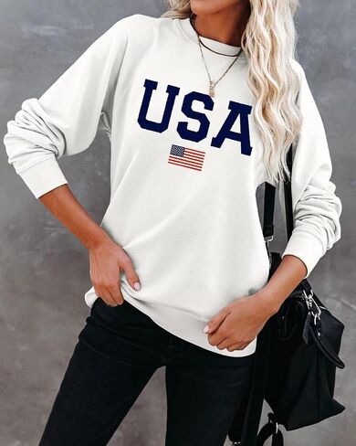 Dressmine Womens USA Shirt Casual Long Sleeve Graphic Tees Knit Crew Neck Sweatshirts Loose Pullover in Kuwait