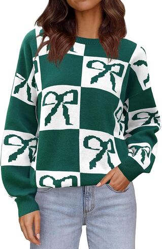 Saodimallsu Womens Color Block Bow Sweater Oversized Crewneck Long Sleeve Knit Warm Pullover Tops in Kuwait