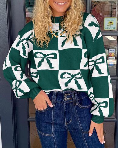 Saodimallsu Womens Color Block Bow Sweater Oversized Crewneck Long Sleeve Knit Warm Pullover Tops in Kuwait