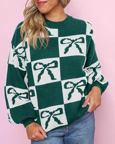 Saodimallsu Womens Color Block Bow Sweater Oversized Crewneck Long Sleeve Knit Warm Pullover Tops in Kuwait