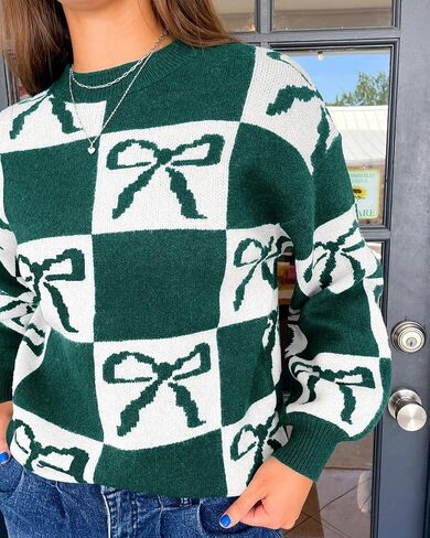 Saodimallsu Womens Color Block Bow Sweater Oversized Crewneck Long Sleeve Knit Warm Pullover Tops in Kuwait