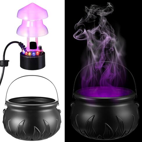 HyDren Halloween Mist Maker Fogger 10" Witch Cauldron Kettle with Handle Black Plastic Halloween Cauldron Pot with 12 LED Lights Mist Maker Fog Machine for Holiday Party Outdoor Decoration Serving in Saudi Arabia