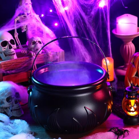 HyDren Halloween Mist Maker Fogger 10" Witch Cauldron Kettle with Handle Black Plastic Halloween Cauldron Pot with 12 LED Lights Mist Maker Fog Machine for Holiday Party Outdoor Decoration Serving in Saudi Arabia