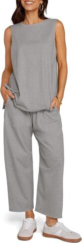 UEU المرأة الصيف 2 قطعة وتتسابق عادية أكمام طاقم الرقبة تانك القمم اقتصاص سراويلي حريمي مطابقة السفر صالة الشاطئ مجموعات in Kuwait