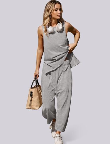 UEU المرأة الصيف 2 قطعة وتتسابق عادية أكمام طاقم الرقبة تانك القمم اقتصاص سراويلي حريمي مطابقة السفر صالة الشاطئ مجموعات in Kuwait