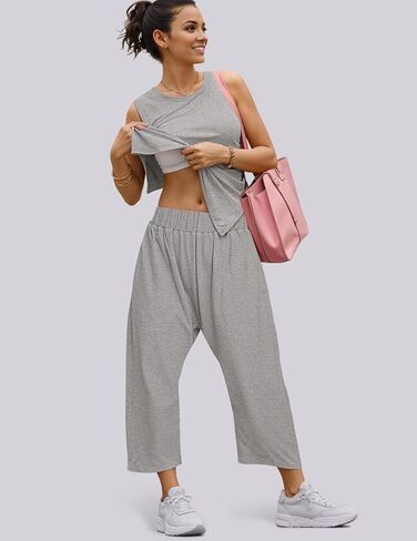 UEU المرأة الصيف 2 قطعة وتتسابق عادية أكمام طاقم الرقبة تانك القمم اقتصاص سراويلي حريمي مطابقة السفر صالة الشاطئ مجموعات in Kuwait