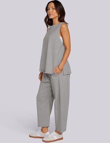 UEU المرأة الصيف 2 قطعة وتتسابق عادية أكمام طاقم الرقبة تانك القمم اقتصاص سراويلي حريمي مطابقة السفر صالة الشاطئ مجموعات in Kuwait