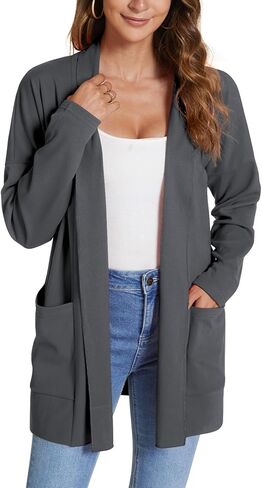 سترة نسائية من Feiersi بأكمام طويلة ومفتوحة من الأمام، سترة محبوكة ناعمة كاجوال مع جيوب in Kuwait