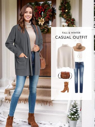 سترة نسائية من Feiersi بأكمام طويلة ومفتوحة من الأمام، سترة محبوكة ناعمة كاجوال مع جيوب in Kuwait