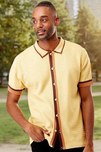 Men’s Short Sleeve Knit Sports Shirt - Modern Polo Vintage Classics: Solid Geometric Jacquard with Color Tipping in Kuwait
