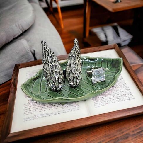 Tiny 4⅜" Green Leaf Shaped Tray - Handmade Ceramic Porcelain Decorative Plate Dish Catchall Miniature Container for Jewelry Personal Items Incense Holders Ashtray Décor Gifts in Saudi Arabia