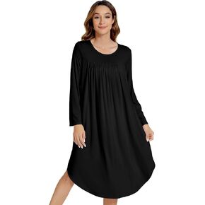 NACHILA Nightgowns for Women-Viscose Made from Bamboo,Long Sleeve Nightshirts Pleated Sleepshirt Loose Sleep Dress