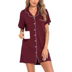 SWOMOG Women's Button Down Nightgown Short Sleeve Nightshirt Notch Collar Sleepwear Pajama Dress