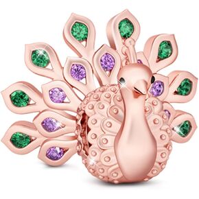 GNOCE "New Beginning And Eternal Life Rose Gold Plated Gorgeous Peafowl Charm With Emerald And Amethyst Stones 925 Sterling Silver Peacock Bead Charm Pendent Crystal Fit Snake Chain Bracelet Necklace