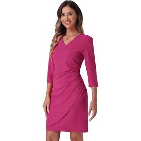 Allegra K Elegant Work Dress for Women's 3/4 Sleeve Faux Wrap V Neck Wedding Guest Sheath Dresses