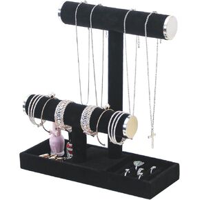 2 Tier Jewelry Holder Organizer,Bracelet Necklace Holder with Tray,Jewelry Storage Stand for Girls,Velvet Jewelry Tree(Black Silver)