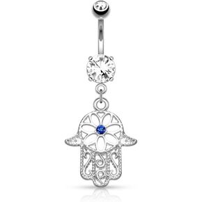 Pierced Owl - 14GA Stainless Steel Beaded Outline Hamsa Hand with CZ Crystal Center Dangling Belly Button Ring