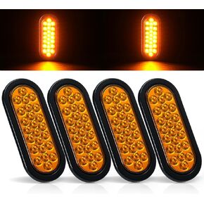 4Pcs 6.3" Oval LED Strobe Lights Amber 24 LED Trailer Tail Lights 6.3 Inch Oval LED Strobe Light Stop Turn Tail Light Brake Lights w/Grommets 3-Prong Wire Pigtails 10-30V Waterproof