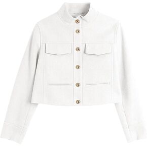 Flygo Womens Cropped Wool Blend Pea Coat Funnel Neckline Casual Button Down Peacoat Jacket with Pocket