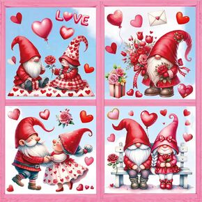 6 Sheet Valentine's Day Window Clings Watercolor Love Heart Gnome Reusable Window Decals for Home Classroom Office Window Decor