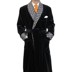 Men Black Long Smoking Jacket,Men Double Breasted Luxury Silk Velvet Cigar Robe for Dinner Party Wear Jacket with belte