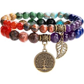 Bivei Natural Semi Precious Gemstone beads bracelet for women - Life Tree and Leaf Charm Energy Reiki Crystal Stretch Bracelets