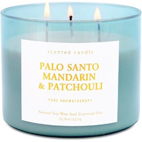 Palo Santo Mandarin Patchouli Candle - 3 Wick Highly Scented Candle for Home - Natural Soy Candle Large 15.8 oz - Warm & Relaxing Winter Spa Candle for Men & Women - Aromatherapy Stress Relief Candle