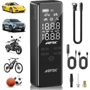 منفاخ إطارات AGPTEK منفاخ هواء محمول - 150 رطل لكل بوصة مربعة و7500 مللي أمبير في الساعة و12 فولت تيار مستمر مضخة هواء كهربائية لقياس ضغط الإطارات، شاشة LCD مع ضوء LED للسيارات والدراجات وإطارات الدراجات النارية والكرات