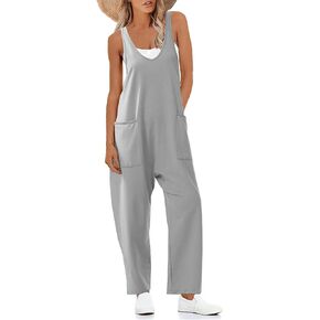 Women's V Neck Sleeveless Jumpsuit Straps Long Pants Rompers with Pockets