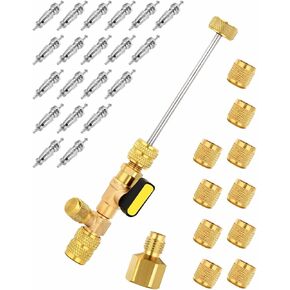 Valve Core Removal Tool,Air Conditioning Line Repair Tools，Valve Core Removel Tool,HVAC Tools with Dual Size SAE 1/4 & 5/16 Port, 20 PCS Valve Cores with Teflon Seal, 10 PCS Brass Nuts