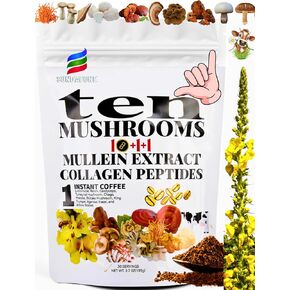 12-in-1 Mushroom Coffee Powder with Collagen Peptides - Organic Mullein, Lion’s Mane, Reishi, and Chaga for Focus, Immunity, Memory, Clarity, Breathing, Skin & Hair Support - Instant Coffee (30 Srvs)