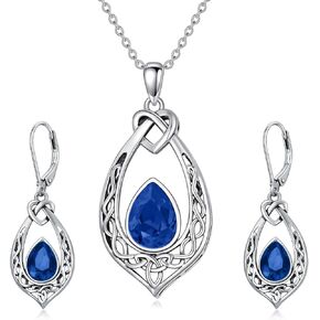 AOBOCO 925 Sterling Silver Celtic Knot Necklace and Earrings Jewelry Set with Simulated Sapphire Blue Crystal from Austria