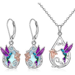 Hummingbird Earrings and Necklace Moonstone Purple Hummingbird Earrings for Women Sterling Silver Cute Bird Jewelry Gifts