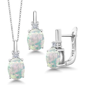 Gem Stone King White Simulated Opal Jewelry Set - 925 Sterling Silver, Oval Cabochon Pendant, Earrings, 4.85 Cttw, 18 Inch Chain