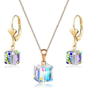 Cube Austrian Crystal Necklace Earrings Set for Women 14K Gold Plated Jewelry