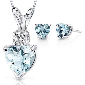PEORA 14K White Gold Aquamarine Pendant and matching Earrings - Heart Shaped Aquamarine Diamond Pendant 0.77 Carat + Heart Shaped Aquamarine Stud Earrings 1.50 Carats