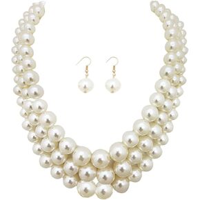 Women's Faux Pearl Three Multi-Strand Statement Necklace and Earrings Set