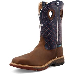 Twisted X Men's 12" Western Work Boot, Square Toe Alloy Toe with CellStretch, Mocha & Navy, 10.5 B