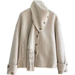 Babalet Wool Blend Double-faced Women Wool Pea Coat Button Scarf Casual Coat Trench Coat Handmade Winter Pockets Jacket