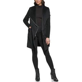 Kenneth Cole Women's Asymmetrical Zip Front Double Face Wool with Rib Knit Sleeve Coat