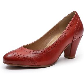 Mona flying Women's Vintage Leather Pump Chunky Heel Round Toe Office Dress Shoes for Ladies