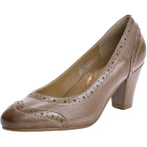 Mona flying Women's Vintage Leather Pump Chunky Heel Round Toe Office Dress Shoes for Ladies in Kuwait