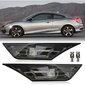 Side Marker Lamp Turn Signal Light W/Led Bulbs Compatible with Honda Civic 1.5L 2016 2017 2018 2019 2020 2021 Coupe Sedan Hatchback Smoke/Tinted Replace # 34300-TET-H01 34350-TET-H01