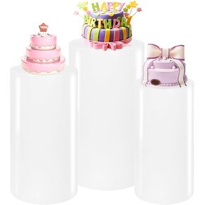 3PCS Cylinder Pedestal Stands for Parties, White Metal Round Cylinder Plinths Dessert Table Display Pillars for Birthday Wedding Bridal Baby Shower Party Decorations(Small)