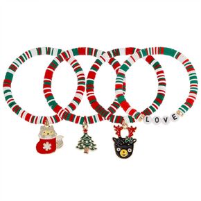 Christmas Heishi Bracelets Stack Set for Women, Cute Charm Clay Beaded Stretch Bracelets Holiday Festive Holiday Accessories Jewelry Gifts.