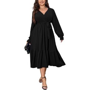 SCOMCHIC Womens Plus Size Wedding Guest Dresses Long Sleeve Wrap V Neck Belted Ruffle Hem A-Line Flowy Maxi Cocktail Dress